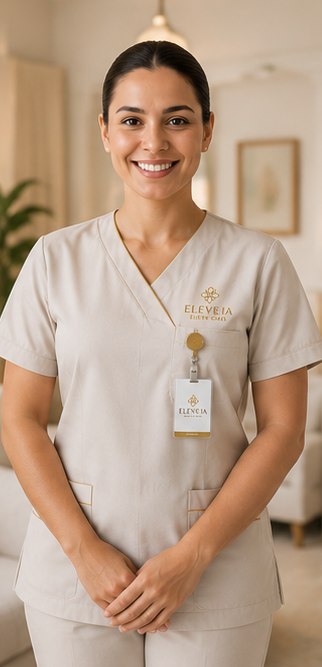 Cuidadora da Eleve Care sorrindo, com crachá