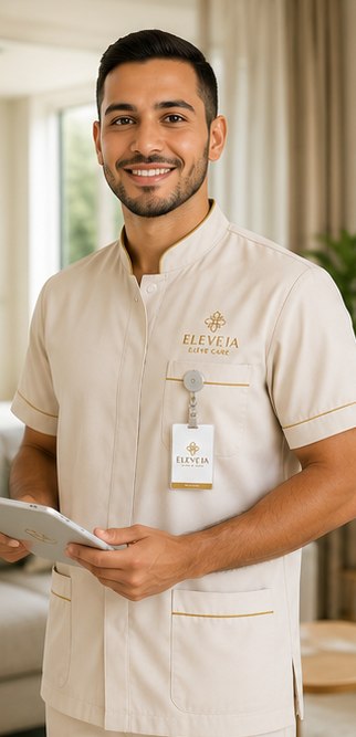 Técnico de enfermagem da Eleve Care segurando um tablet